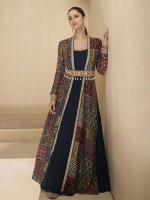 Navy Blue Real Georgette Gown Shrug Style Gown